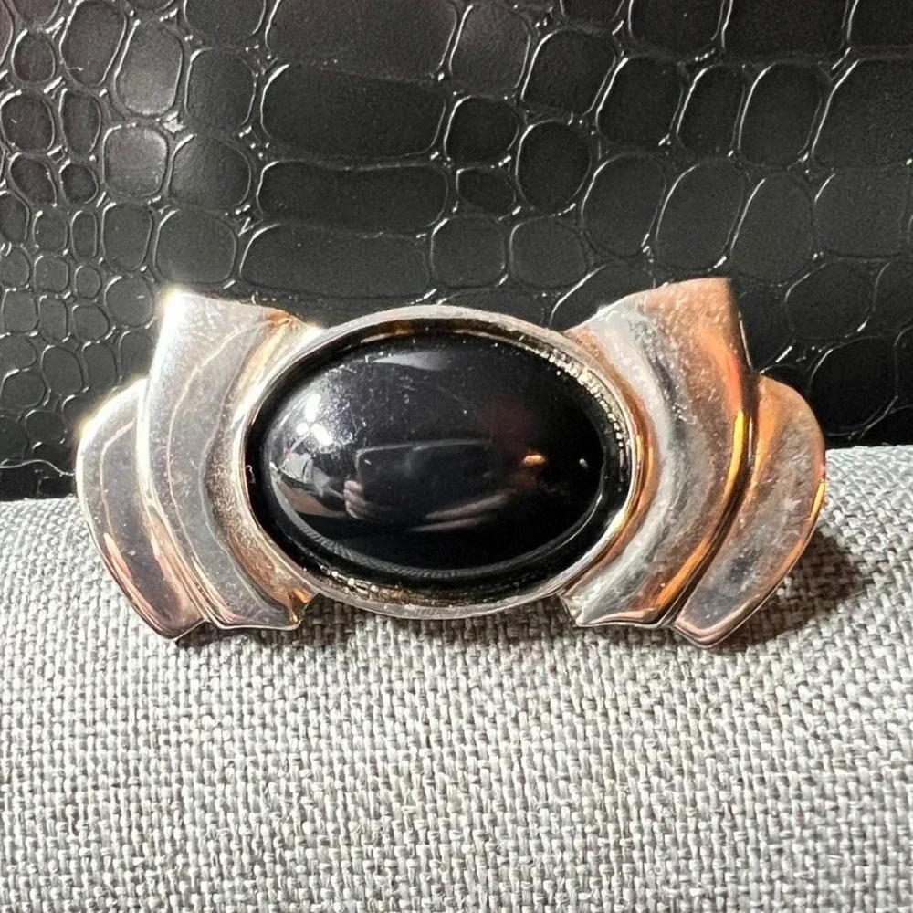 Accessocraft NYC Vintage‎ Silver Tone Faux Onyx Scarf Clip Goth